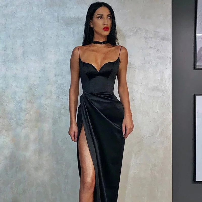 2023 New Spaghetti Strap  Backless Midi Dress V-neck Party Clubwear Sleeveless Bodycon Side Split Dress Vestidos