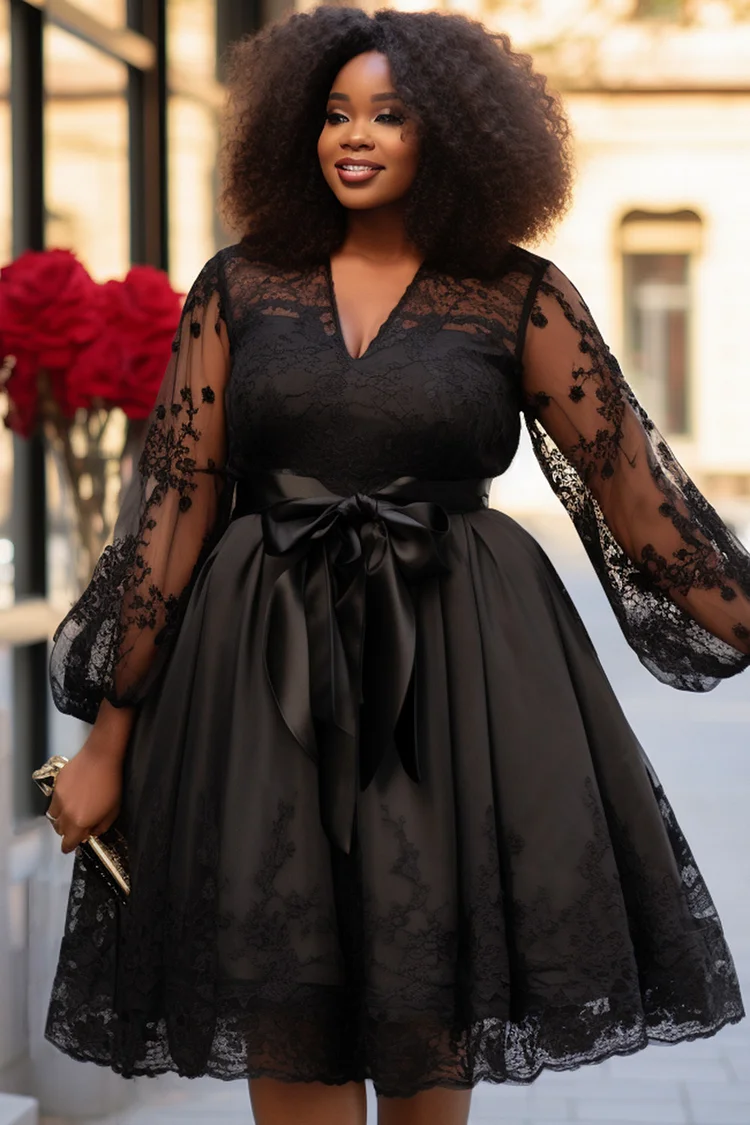 Xpluswear Design Plus Size Cocktail Party Black V Neck Lantern Sleeve Long Sleeve Wrap See Through Lace Midi Dresses [Pre-Order] 2024 - Xpluswear