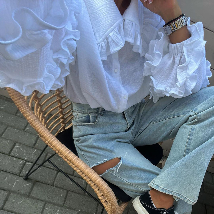 Ootddress White Ruffled Casual Shirts For Women Fashion Patchwork Cardigan Lapel Long Sleeve Outwear Slim Ladies Shirts 2025 New