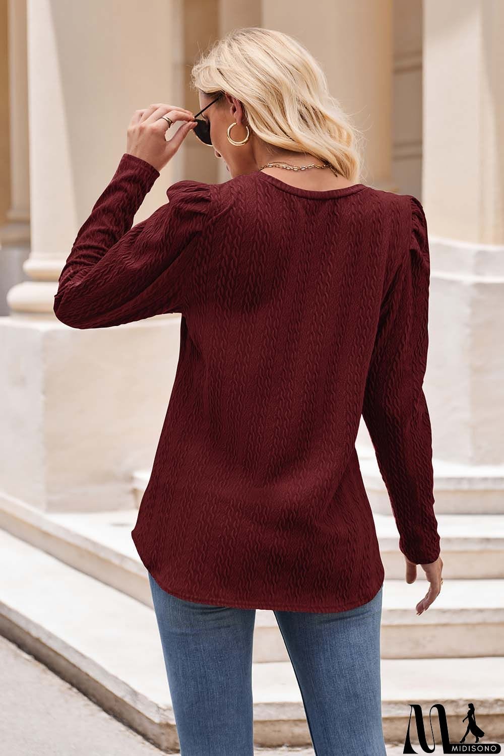 MidiSono - Round Neck Puff Sleeve Blouse