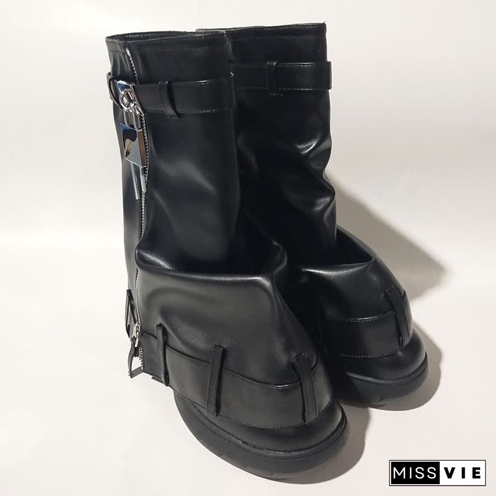 Fashion Fold Over Zipper PU Platform Boots