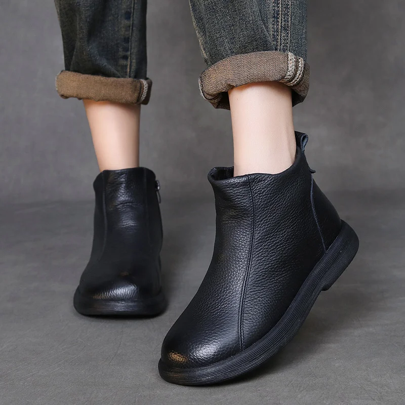 Yyvonne Layer Of Cowhide Wool Short Boots Women 2025 Autumn And Winter New With Cotton Boots Fashion Flat Bottom Soft Base Martin Boots