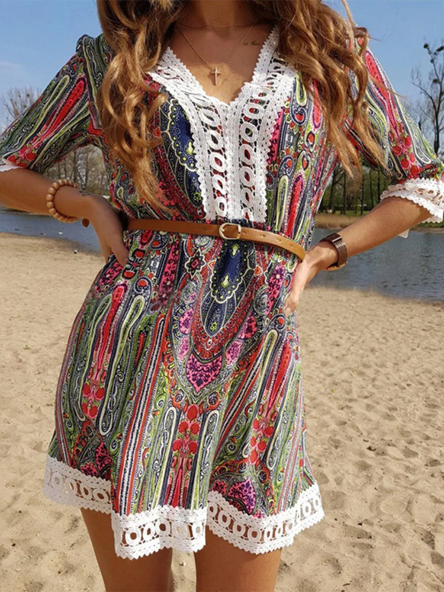 V-Neck lace Splicing printed Floral Dresses