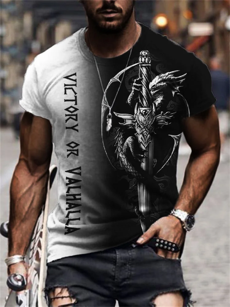 BrosWear Men's Victory Or Valhalla Dragon & Sword Contrast T Shirt