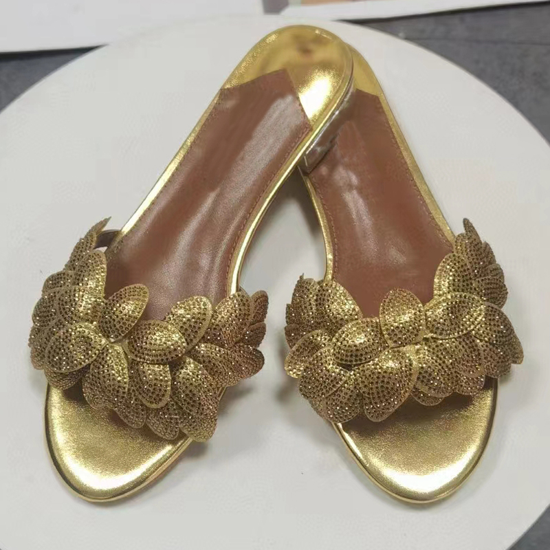 Gold Rhinestone Slippers Woman Open Toe Crystal Leaf Flat Shoes Women Gladiator Sandals