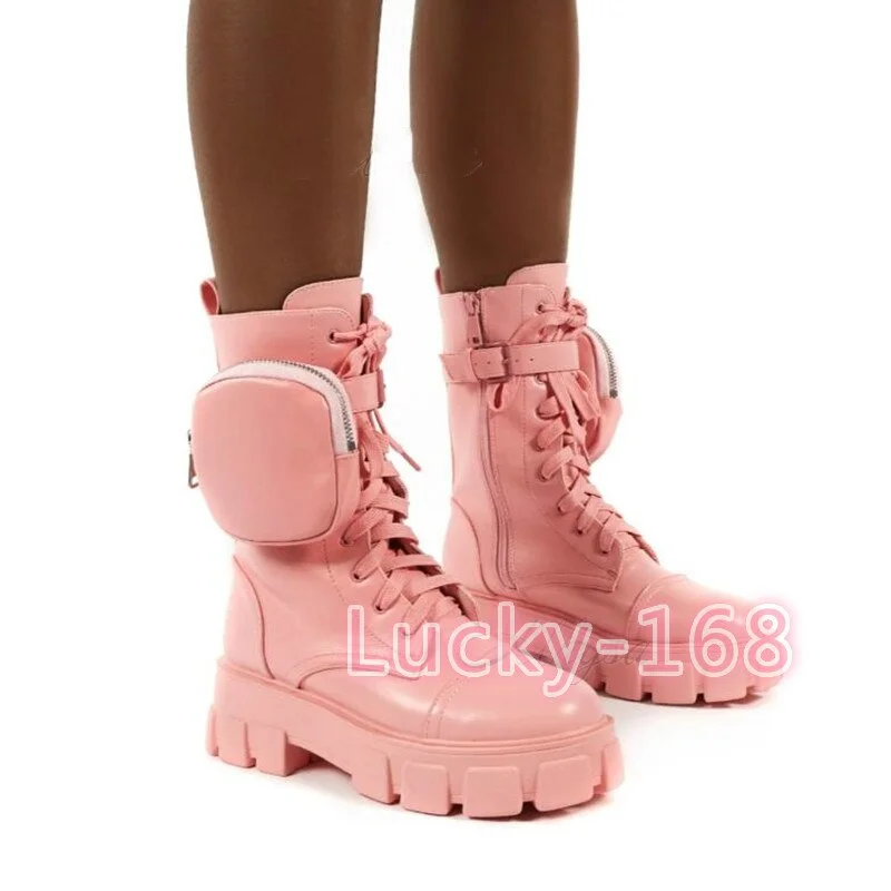 2020 Autumn Winter Bootie Pocket Buckle Strap Pink Chunky Sole Pouch Ankle Boots Shiny Leather Patchwork Arrival Platform Boots