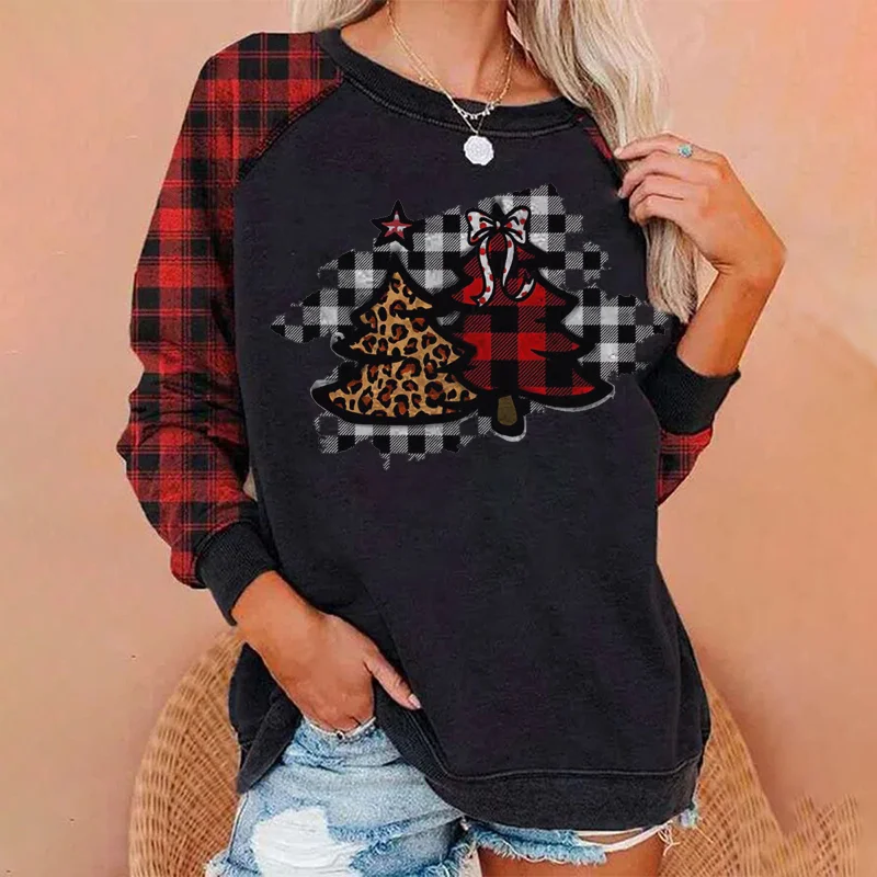 Leopard Print Tartan Check Christmas Tree Graphic Sweatshirt
