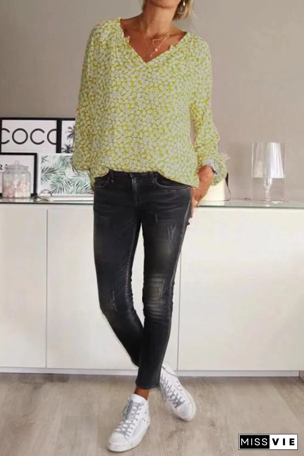 Bohemian V-Neck Floral Print Blouse