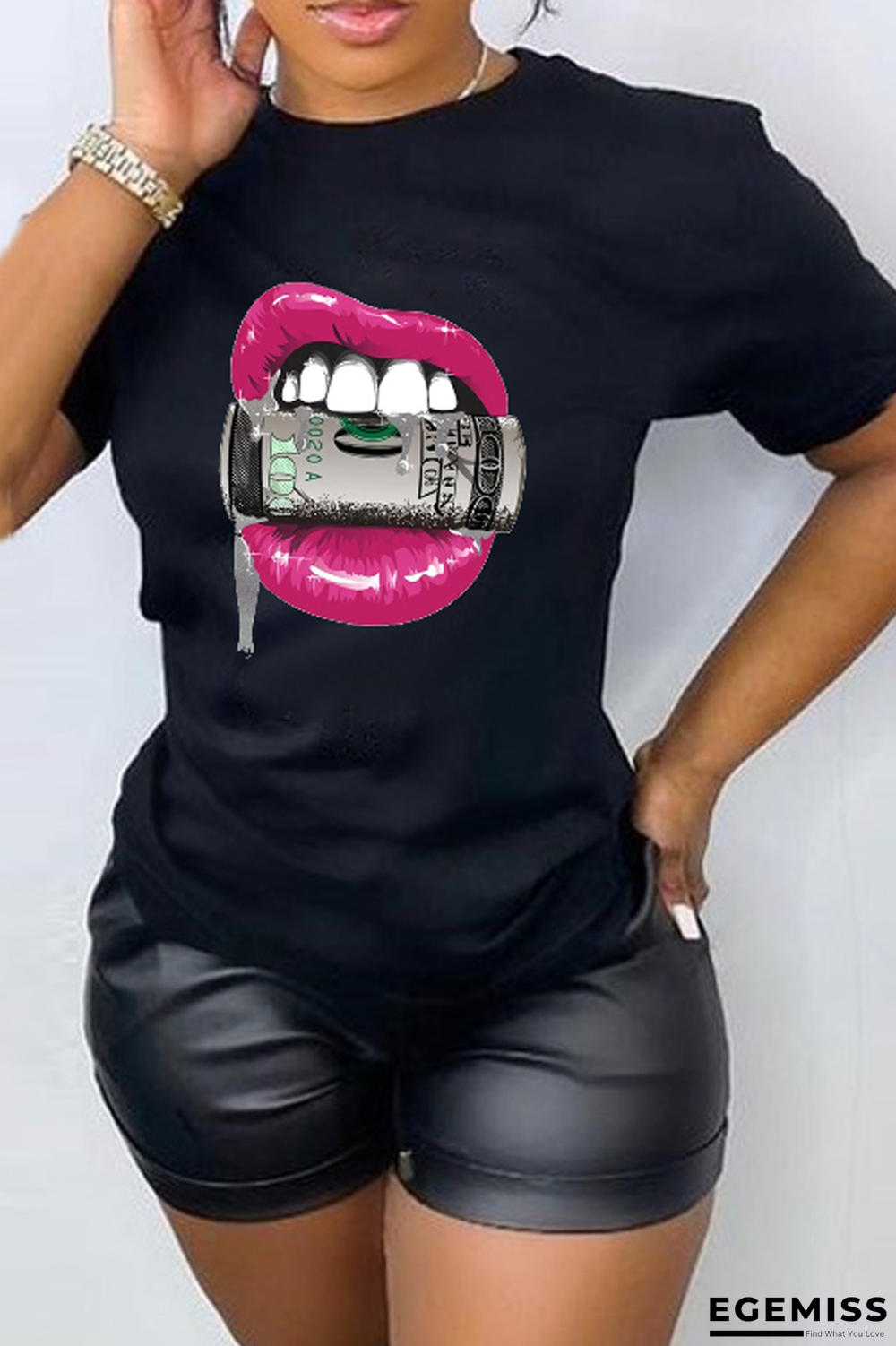 Black Fashion Casual Lips Printed Patchwork O Neck T-Shirts | EGEMISS