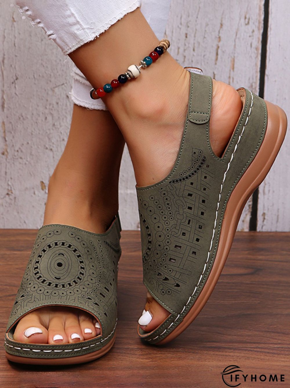 Ethnic Pattern Punched Hollow Velcro Vintage Sandals | IFYHOME