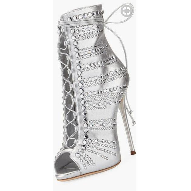 VCSHOES Crystal Lace Up Peep Toe Ankle Boot Stiletto High Heel Sandals