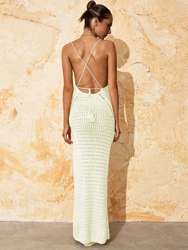 Athvotar Athvotar Beach Hoodie Sexy Knitted Empty Back Tie With Open-Fork Swimsuit Beach Dress Sunscreen