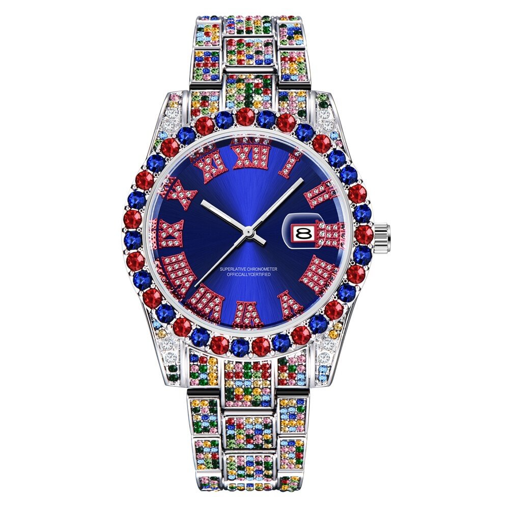 Iced Out Rainbow Luxury Men Waterproof Quartz Watches-VESSFUL