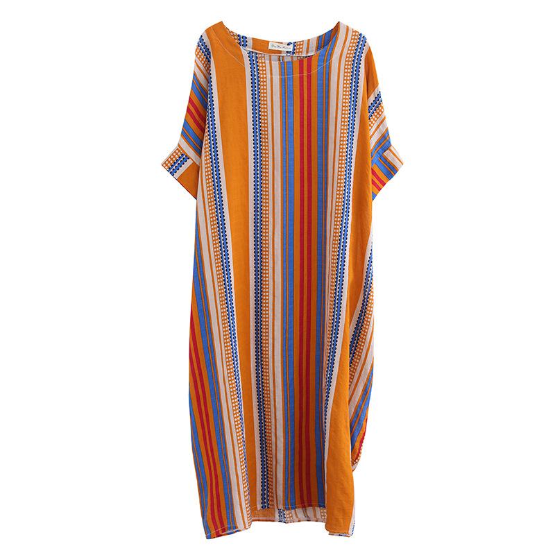 Summer Dress 2021 New Casual Loose Striped Women Clothes Pockets O-neck Short Sleeve Mid-calf Length Ladies Dresses