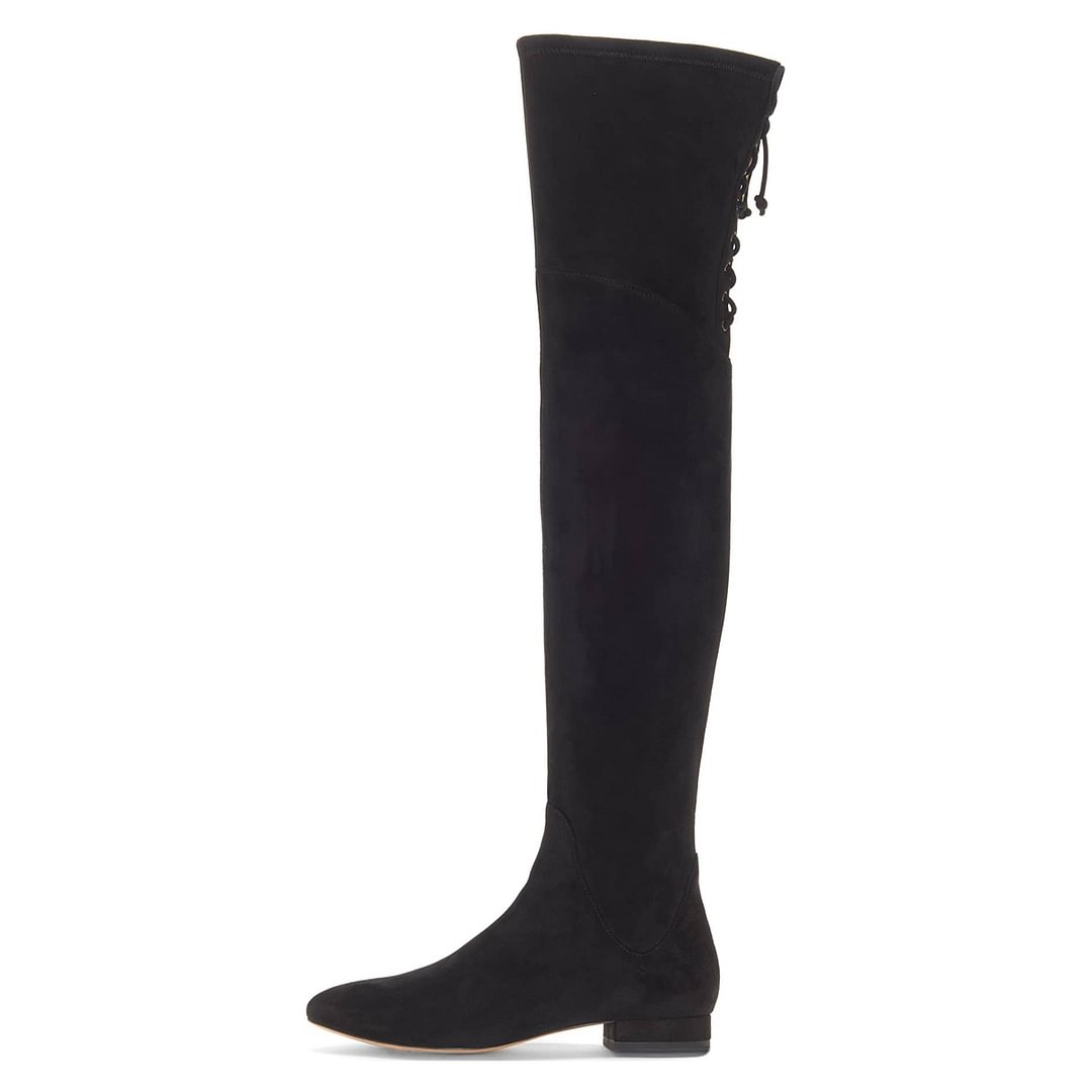 Tie Styling Vegan Suede Round Toe Block Heel Thigh High Boots in Black
