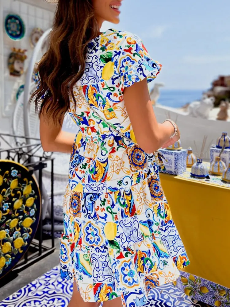 Summer Women Short Sleeve Ruffle Mini Dress Fashion Floral Prints A Line Ladies Casual