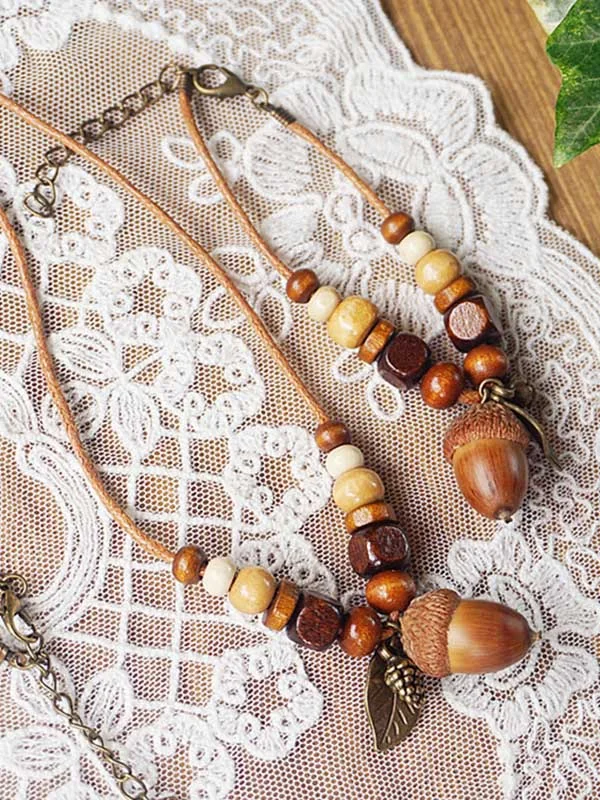 Vintage Handmade Acorn Beads Alloy Leaf Necklace