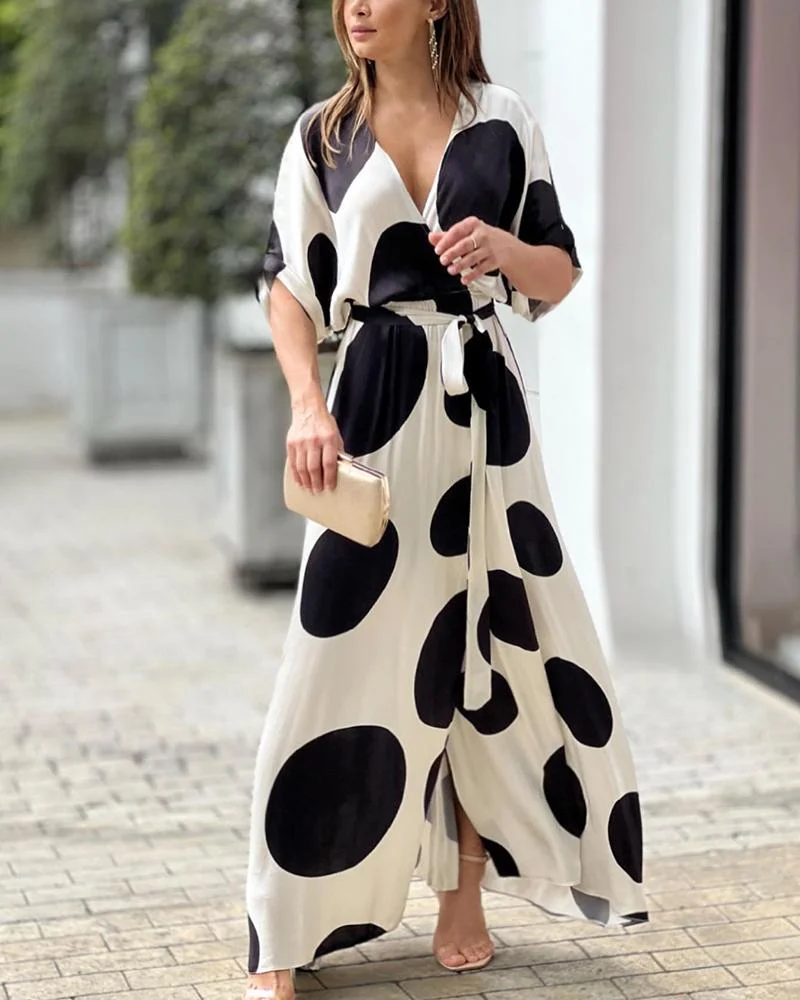 Women's Colorblock Dot Print Wrap Dress