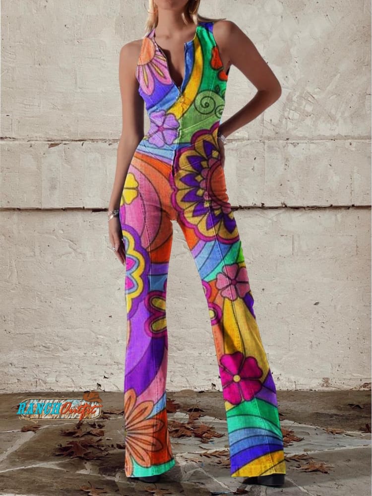 Women’s Vintage Hippie Vibes Floral Pattern Print Casual Denim Jumpsuit Multicolor / Xs