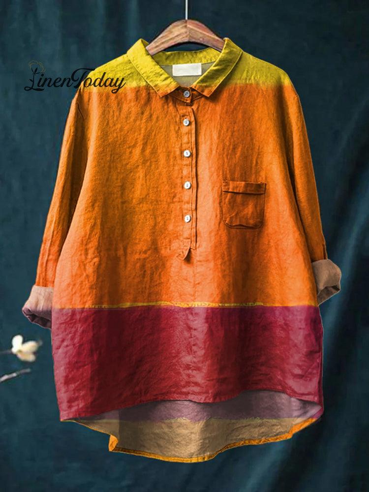 Women’s Abstract Modern Art Print Casual Cotton And Linen Shirt Multicolor / S