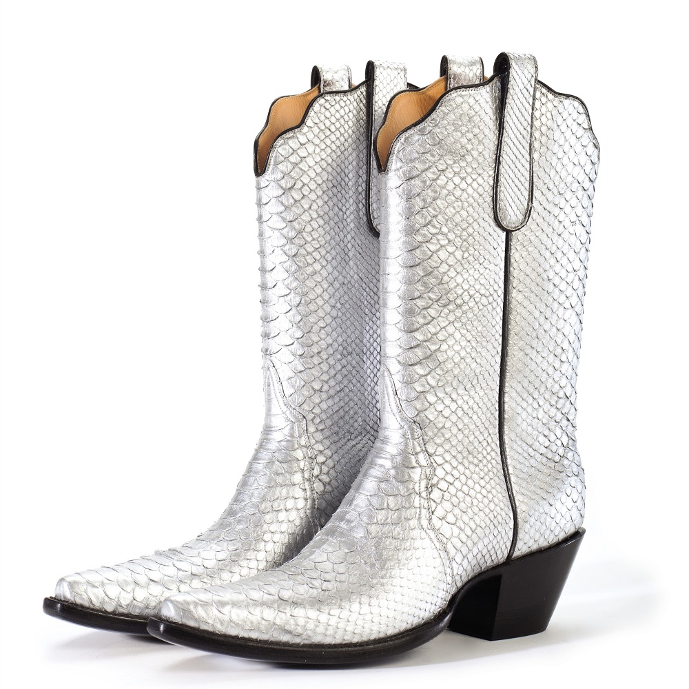 Silver Python Snip Toe Chunky Heel Mid-Calf Cowboy Boots for Women