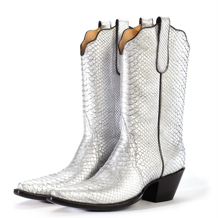 Silver Python Cowgirl Boots Chunky Heel Mid Calf Boots |FSJ Shoes