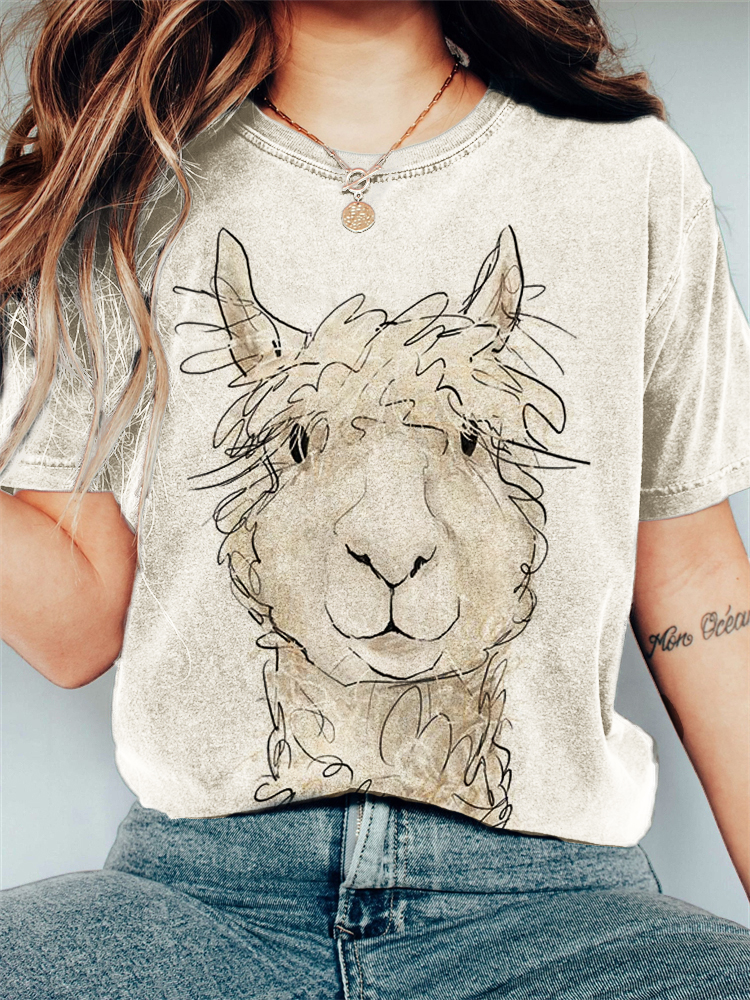 Comstylish Funny Alpaca Art Vintage Washed T Shirt