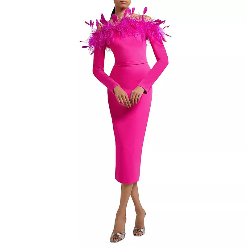 Brownm Fashion Dress Women 2025 Early Spring New Ostrich Hair Splicing Design With A Long-Sightbrowed Dress