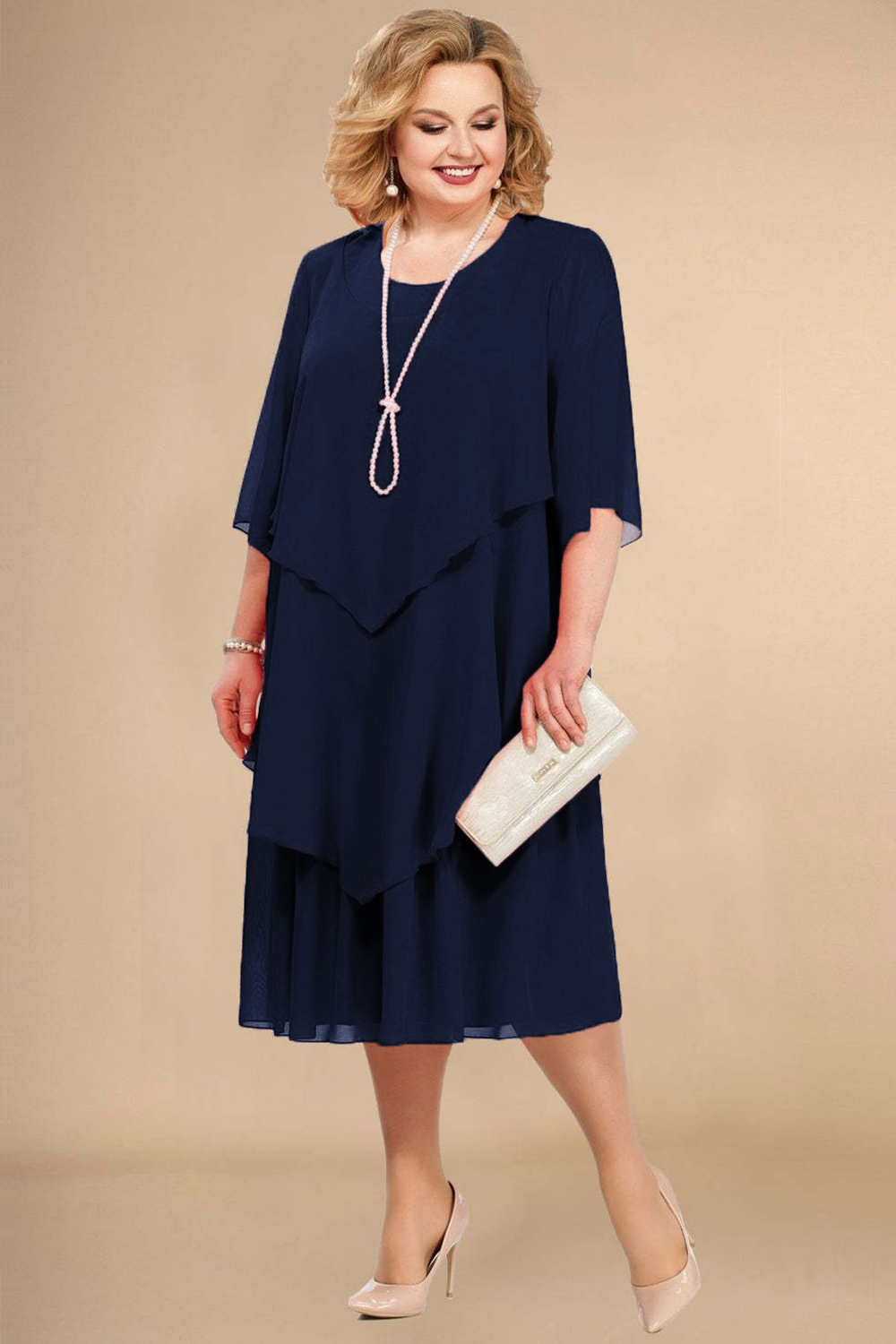 Plus Size Mother Of The Bride Light Purple Chiffon Half Sleeve Layered Midi Dress 2024 - Flycurvy 