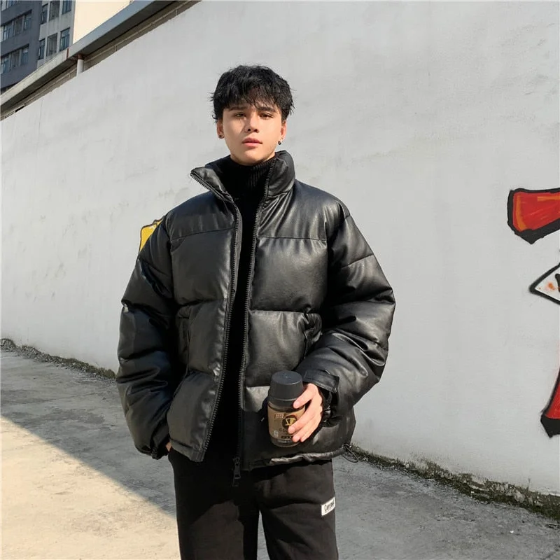 Inongge Thicken Solid Color Mens Parkas Oversized Warm Winter Leather Coats Harajuku Fashion Male Loose Cotton Padded Jackets PU Leather