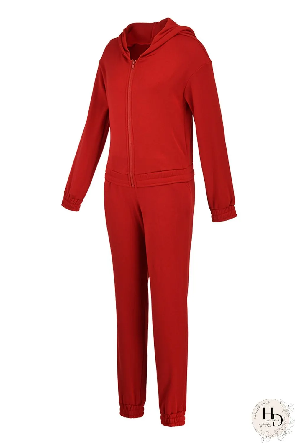 Red Fashion Casual Solid Cardigan Pants Hooded Collar Long Sleeve Two Pieces