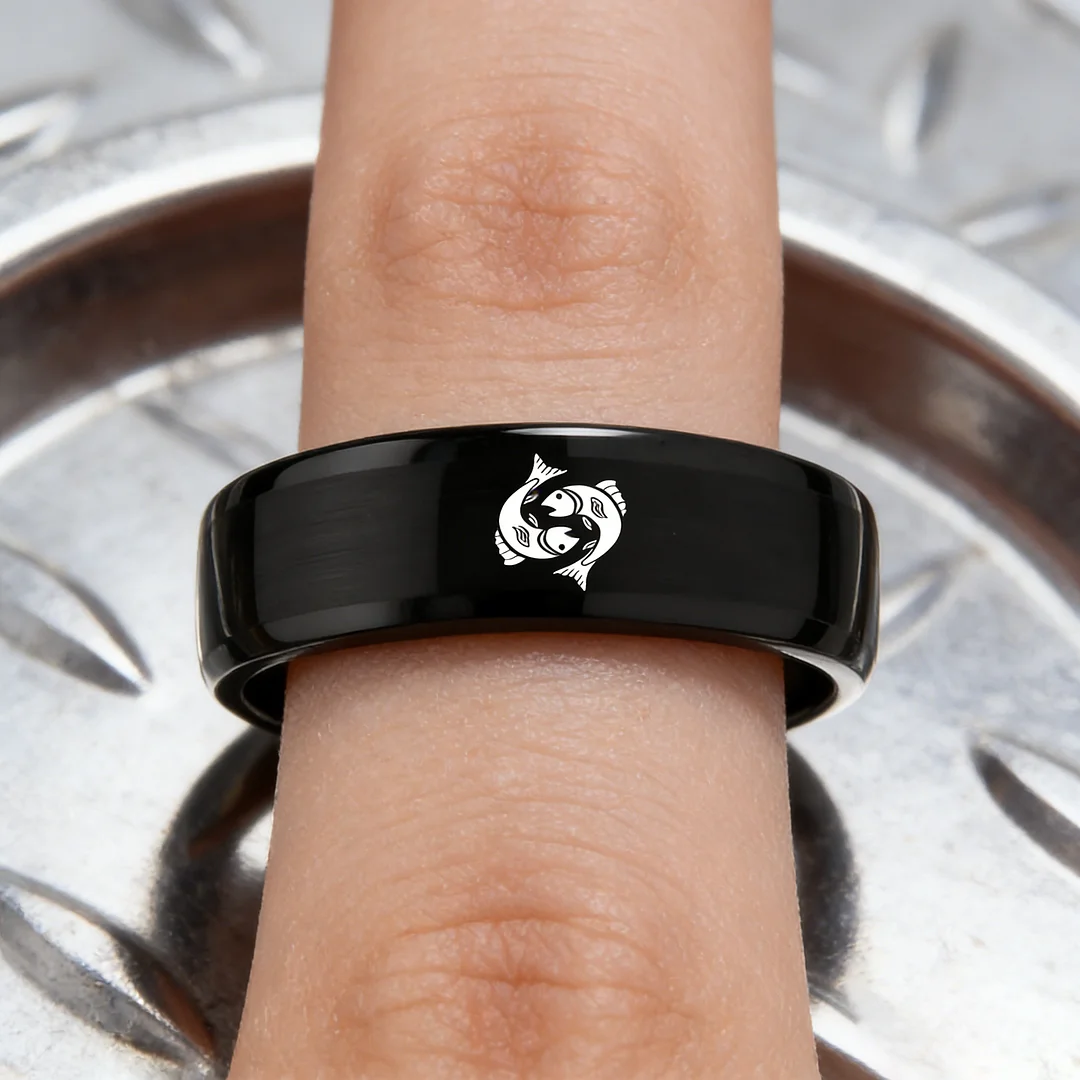 Pisces Tungsten Carbide Rings Black Flat Wedding Bands Comfort Fit Mens and Womens 4MM 6MM 8MM