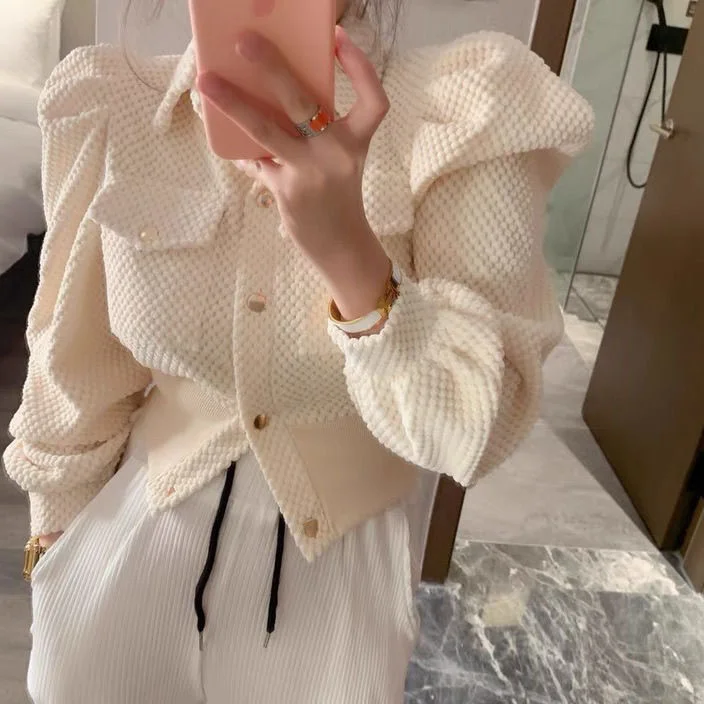 Women 2023 Autumn Winter Shirts Retro Cargo Style Pockets Long-Sleeved Shirt Puff Sleeve Bandage Nipped Waist Tops Female
