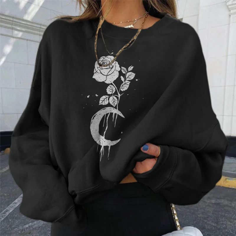   Moon And Rose Flower Printed Women's Casual Sweatshirt - Neojana