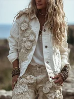 Women's Vintage Cotton And Linen Floral Long-sleeved Denim Jacket