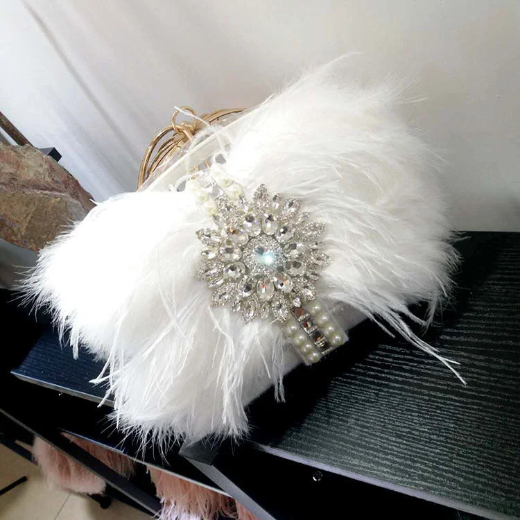 Women's Bags Feather Rhinestones Decoration One Shoulder Vintage Clutch Purse