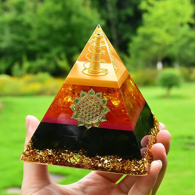 Citrine Black Tourmaline Lotus Symbol Orgone Pyramid