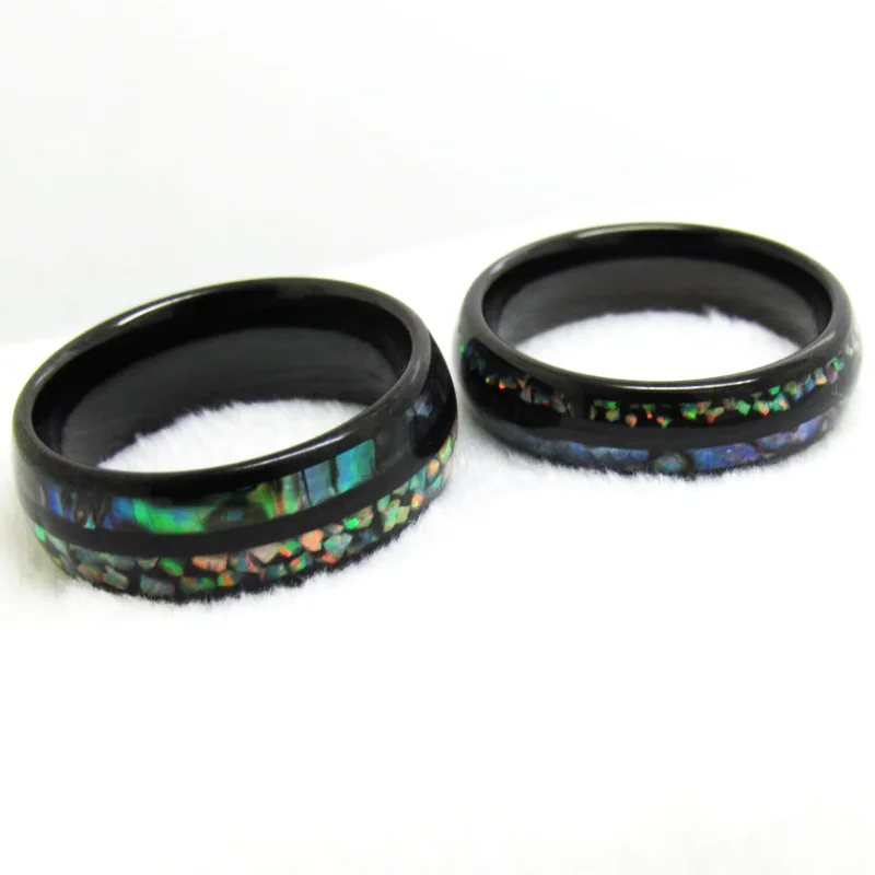 6MM 8MM Full Arc Electric Black Tungsten Carbide Wedding Bands Inlaid Opal And Abalone Shell Couple