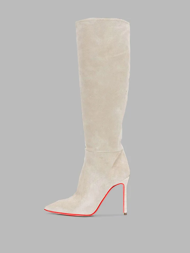 100mm Women's Stylish Zipper Pointed Toe Red Bottoms Suede Pumps High Heels Knee Boots