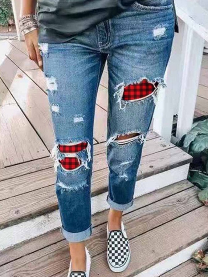 Ripped Plaid Panel Jeans