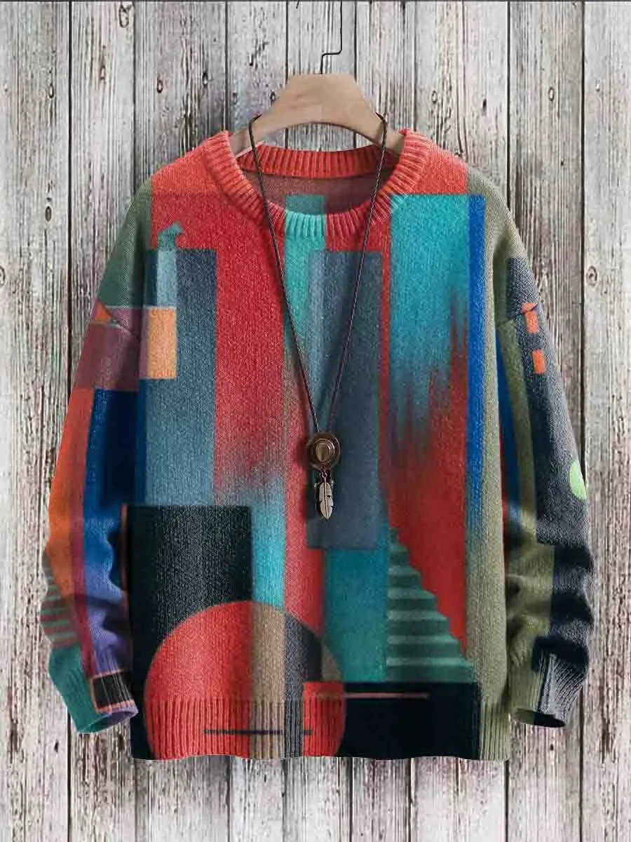 Vintage Geometry Art Print Casual Knit Pullover Sweater