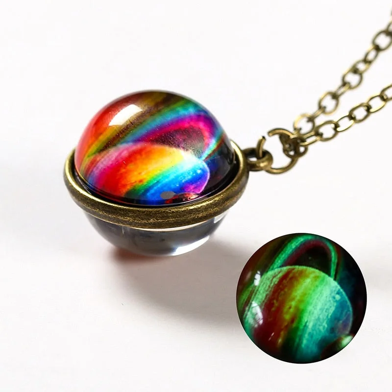 Christmas Gift Glow Night Star Planet Glass Ball Noctilucent Pendant Necklace Double-sided Luminescent Galaxy Nebula Cosmic Sweater Chain