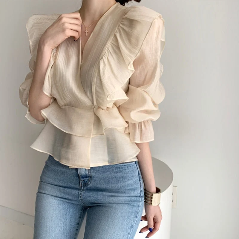 2022 Fashion Woman's Shirt Vintage Female Ruffled Deep V-neck Silk Shirt Waist Hugging Slimming Chiffon Blouse Solid Sweet 10334