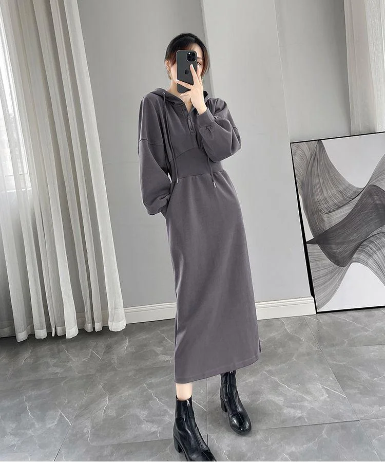 Temperament Solid Color Hooded Elastic Waist Long Sleeve Dress