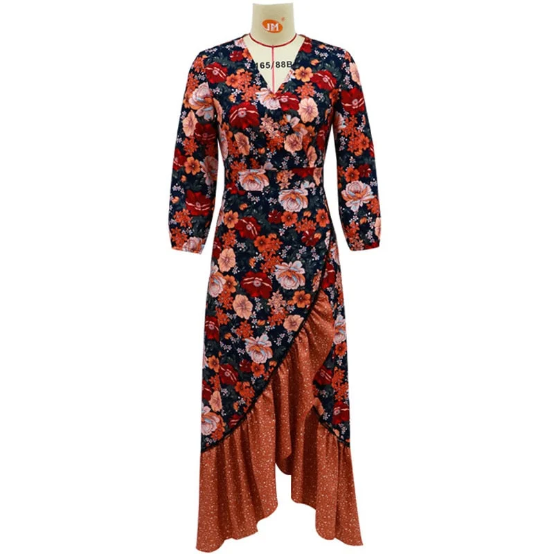 Fitshinling Vintage Print Floral Long Dress Women Irregular Bohemian Maxi Robe Elegant Holiday Slim Dresses For Women Pareos
