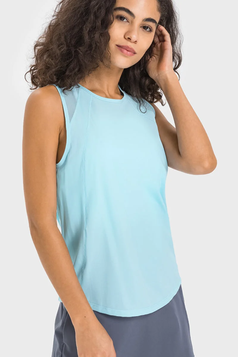 Solid Light Blue Quick-drying Scoop Neck Loose Yoga Top