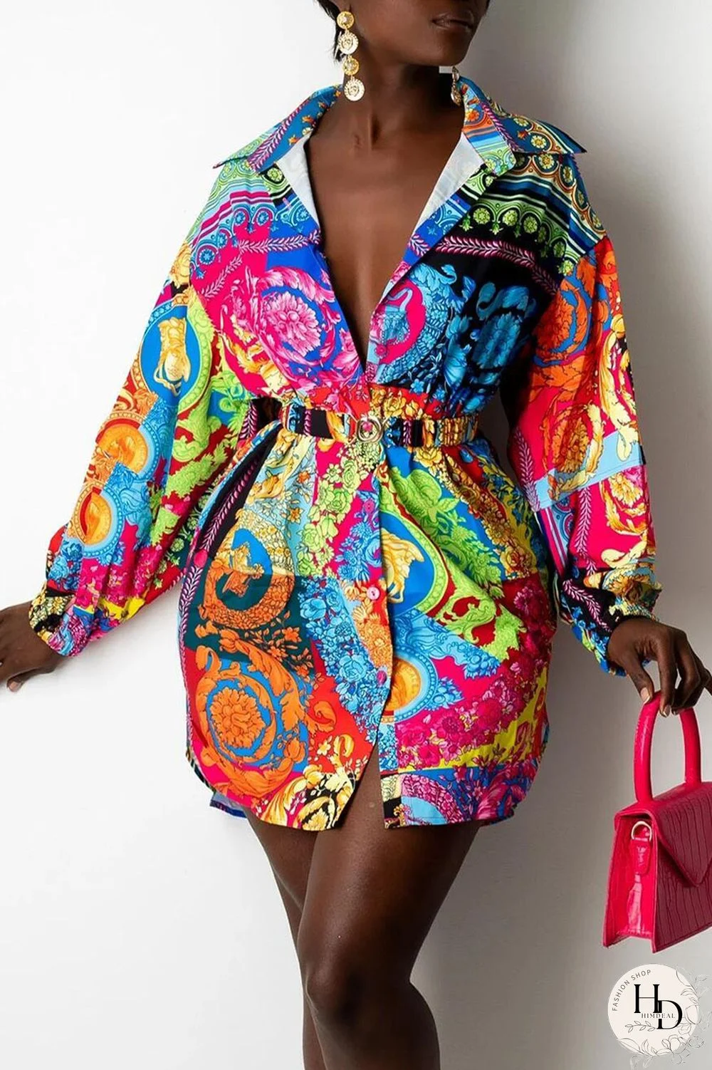 Colour Casual Print Split Joint Buckle With Belt Turndown Collar Shirt Dress Dresses