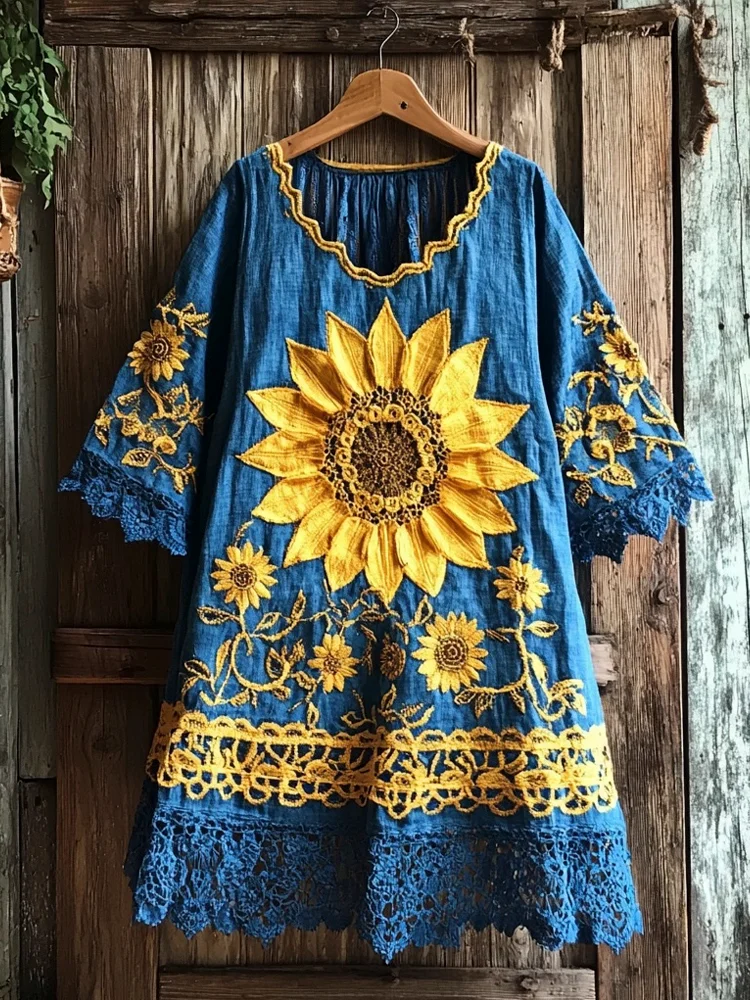 Sunflower Embroidery Patchwork Cut-out Lace Women's Linen Dress