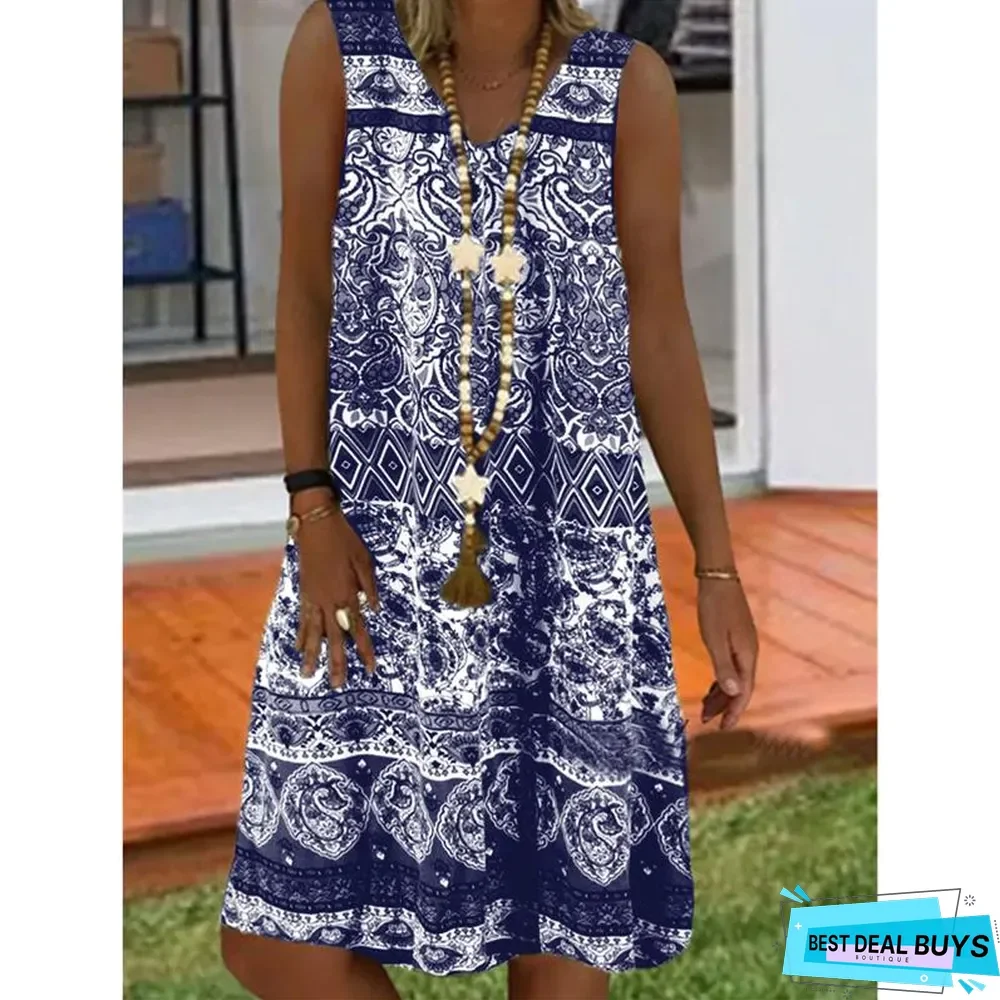 New Fashion Printed Sleeveless V-Neck Dress