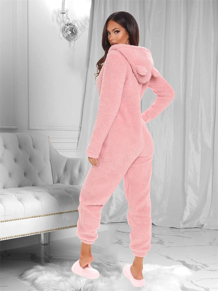 Women's Pajamas Onesies Jumpsuits Nighty Pure Color Simple Comfort Party Home Christmas Polyester Warm Gift Hoodie Long Sleeve Fall Winter Black
